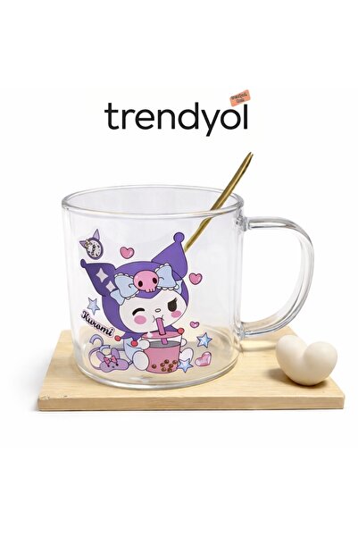Two Two Kuromi Patterned Glass Cup |   Fun Mug Coaster & Spoon Gift for Kids ...