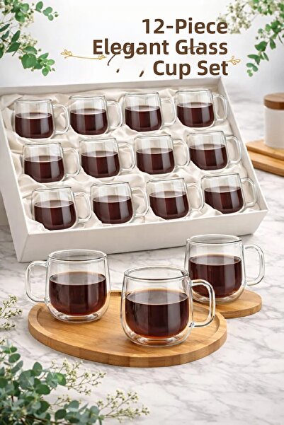 Berdina Home كوب زجاجي بسعة 350 مل، 12 قطعة - زجاج مزدوج، جدار مزدوج، ومقبض ع...