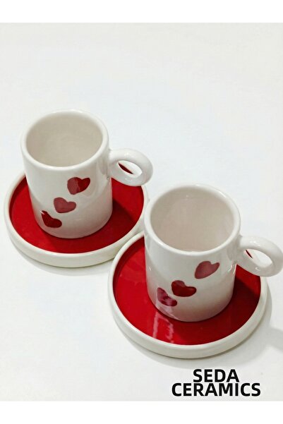seda seramik Handmade Heart Patterned 4-Piece Coffee Cup Set for 2 People 90 Ml.
