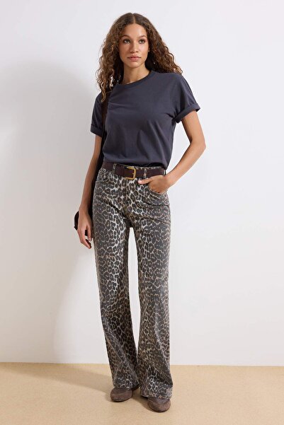 Trendyol Collection Πολύχρωμο λεοπάρ σχέδιο καφέ ψηλόμεσο Comfort/Stretch φαρ...