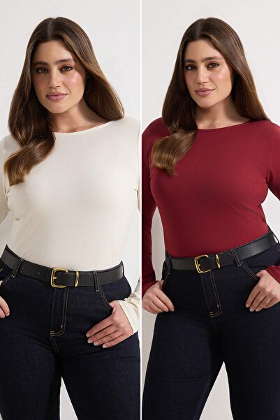 Trendyol Curve Steinrot-burgunderrote, dehnbare, eng anliegende Strickbluse i...