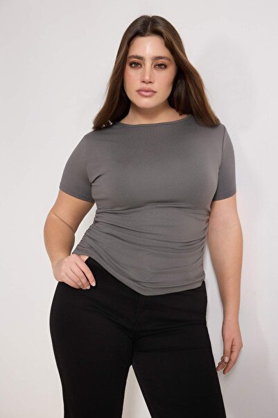 Trendyol Curve Bluză antracit din viscoză Ribana din material subțire mărime ...
