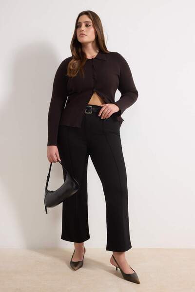 Trendyol Curve Non-Fading Black High Waist Ribbed Detail Wideleg/Wide Leg Plu...