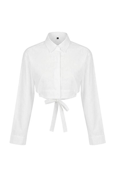 Trendyol Collection White Binding Detailed Crop Cotton Poplin Shirt Twoss26Go...