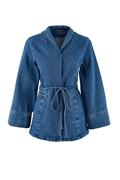 Trendyol Collection Blue Belted 100% Cotton Oversize Denim Jacket Twoss26Ce00001