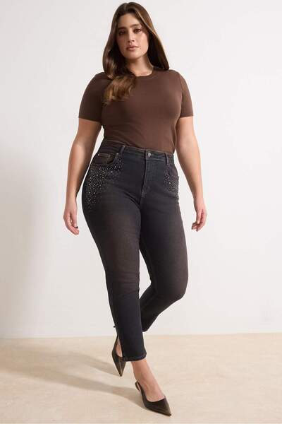 Trendyol Curve Brown High Waist Stone Detailed Plus Size Skinny Jeans Tbbss26...