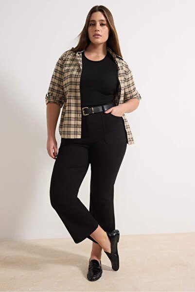 Trendyol Curve Nicht verblassende schwarze Hose mit hoher Taille und weitem B...