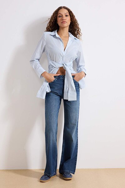 Trendyol Collection Marineblaue High-Waist-Jeans mit weitem Bein und weitem B...