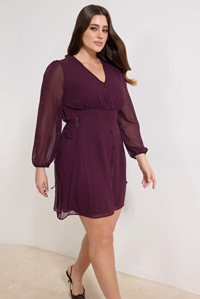 Trendyol Curve Rochie din șifon căptușită, cu nasturi, cu detaliu de ochiuri ...