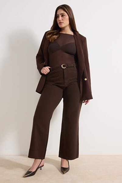 Trendyol Curve Brown High Waist Stonewashed Straight Fit Plus Size Jeans Tbba...