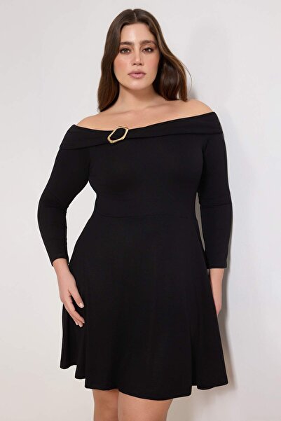 Trendyol Curve Black Carmen Collar Accessory Detailed Knitted Plus Size Dress...