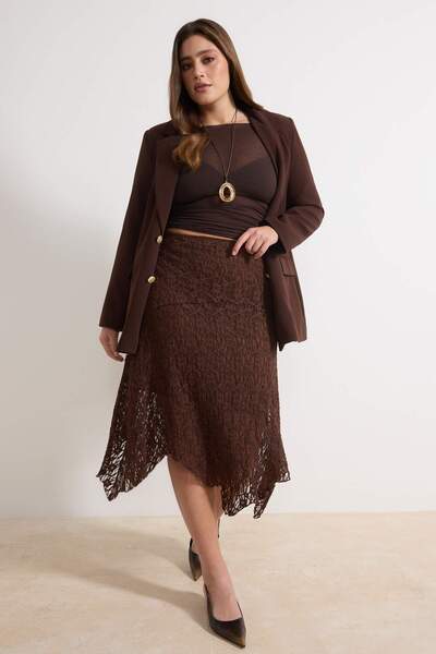 Trendyol Curve Brown Lace Asymmetric Handkerchief Form Midi Knitted Plus Size...