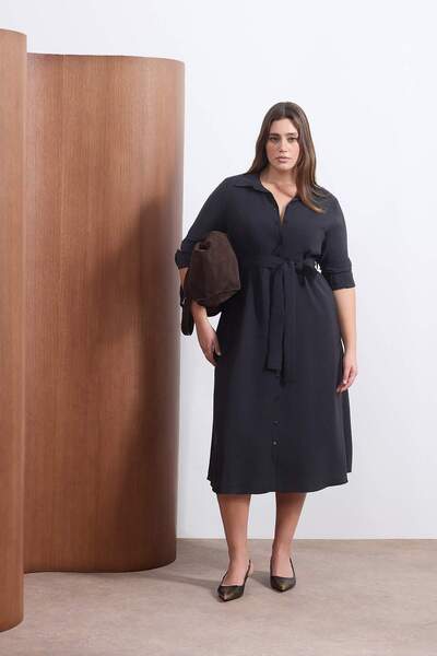 Trendyol Curve Wardrobe Essentials Black Modal Woven Plus Size Shirt Dress Tb...