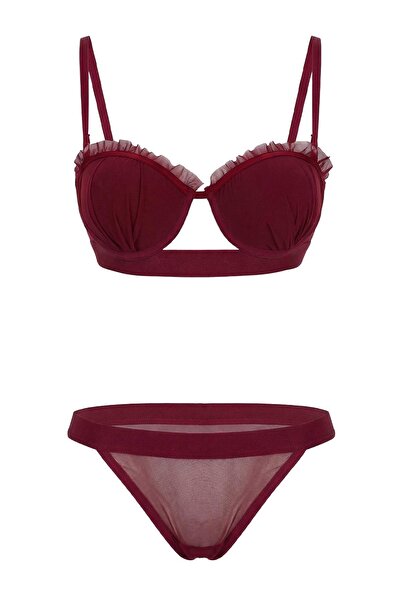 Trendyol Collection Burgunderrotes Push-Up-Unterwäsche-Set mit Rüschen THMSS2...