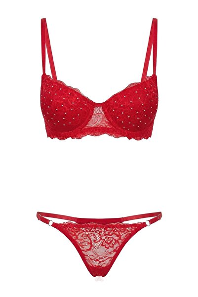 Trendyol Collection Червоний комплект білизни Push Up з мереживом і камінцями...