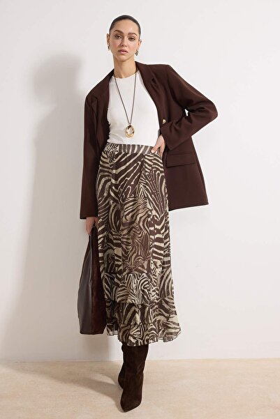 Trendyol Modest Braun gefütterter Rock aus Chiffon mit Karomuster und Rüschen...