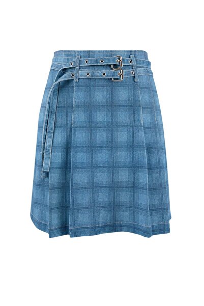 Trendyol Curve Blue High Waist Plaid Pattern Plus Size Denim Skirt Tbbss26Az0...
