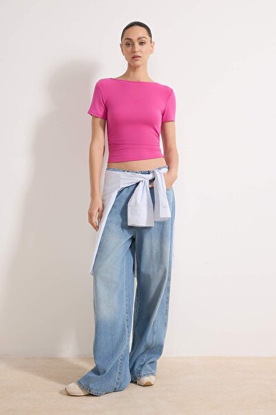 Trendyol Collection Fuchsia Shirring/Drape Detailed Fitted Knitted Blouse Two...