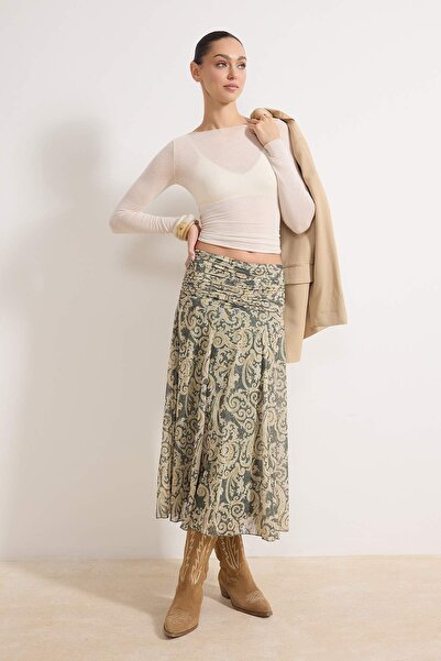 Trendyol Collection Fusta kaki maxi cu detaliu cu șnur/drapeat Boho/Boho Chic...