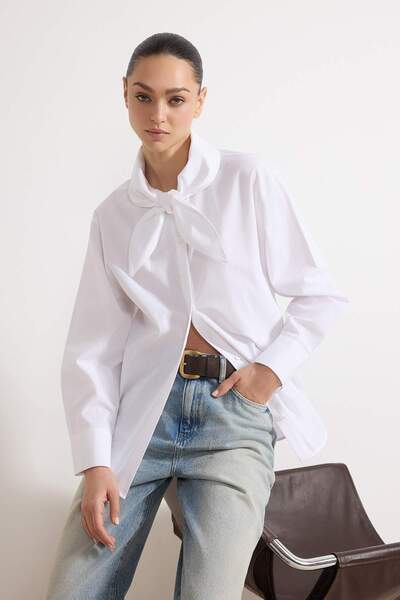 Trendyol Collection Πουκάμισο από ποπλίνα με φιόγκο από λευκό βαμβακερό γιακά...