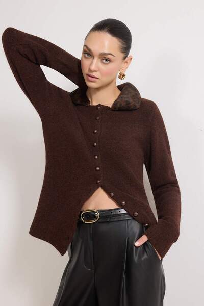 Trendyol Collection Brown Leopard Fur Detailed Soft Textured Knitwear Cardiga...