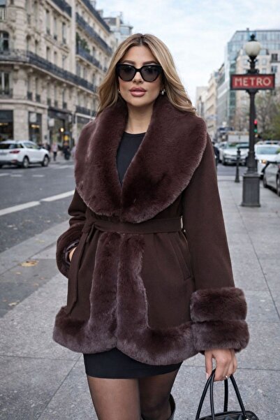 KaraAS Women's Cashmere Coat with Fur Detail on Sleeves and Collar