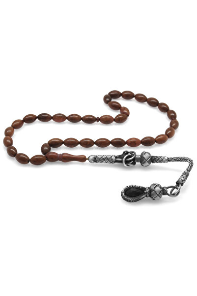 Tesbihane 1000 Ayar Gümüş Kazaz Püsküllü Koyu Renk Arpa Kesim Kuka Tesbih