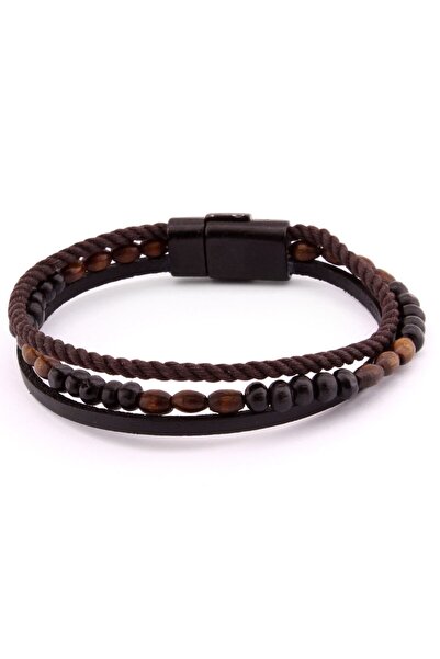 Tesbihane Hasır Tasarım Kuka İşlemeli 3 Sıra Siyah Kahverengi Çelik Deri Komb...