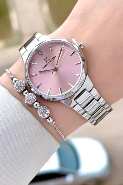 Daniel Klein Pink Dial Women's Wristwatch and Bracelet with Silver Color Gift...