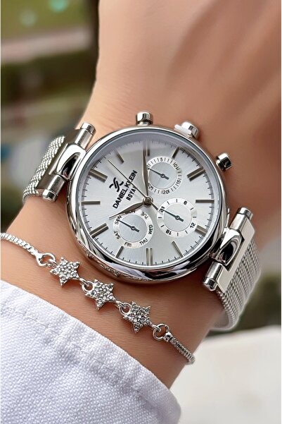 Daniel Klein Orijinal Kesme Cam Su Geçirmez Kadın Kol Saati Gümüş Renk Hasır ...