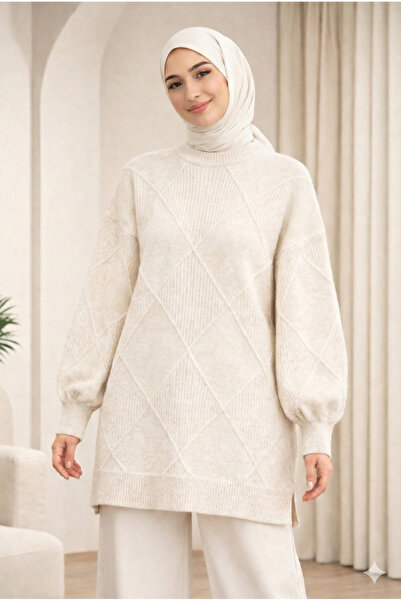 Kirazgym Women's Plain Diamond Patterned and Slit Knit Sweaters - Ecru