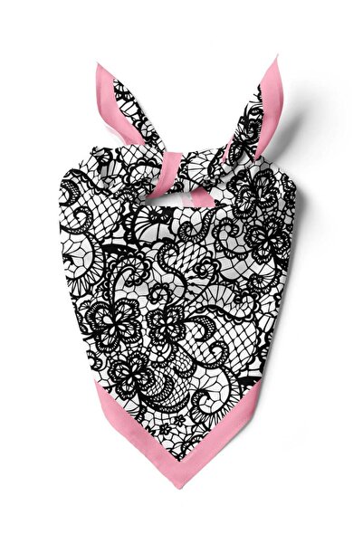 Modabutik B91 Kadın Dantel Desenli Bandana 50x50 Siyah Beyaz DG0115-22