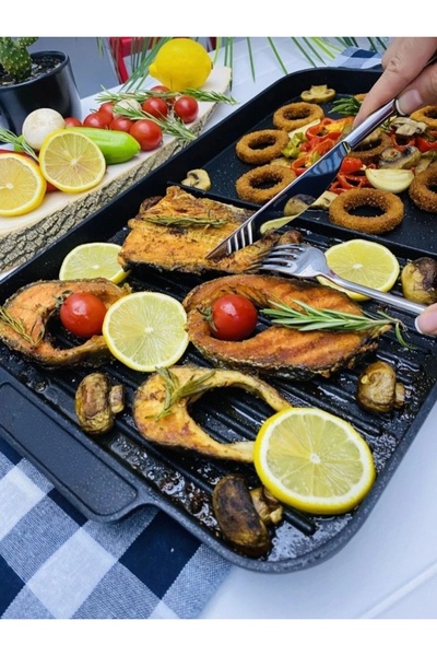 BERMİRA Home Collection Granit Kamp Tava Döküm 2 Gözlü Siyah Tava Yanmaz Yapı...