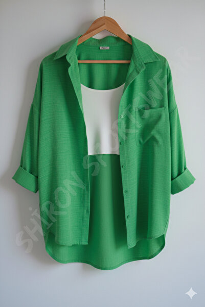 Shiron Sportswear&Company Lüx Kalite Yeşil Kadın Düşük Omuz Oversize Keten Ce...