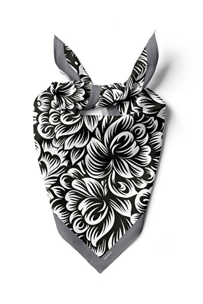 Modabutik A80 Kadın Çiçek Desenli Bandana 50x50 Siyah Beyaz DG0409-22