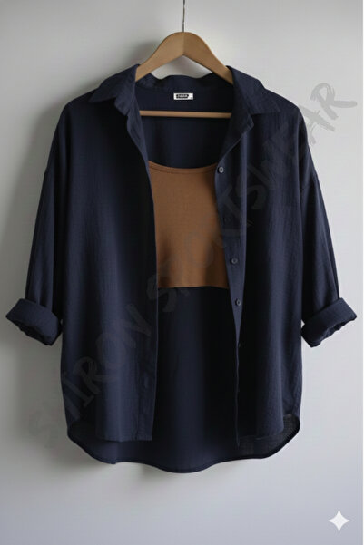 Shiron Sportswear&Company Lüx Kalite Lacivert Kadın Düşük Omuz Oversize Keten...