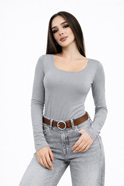 modavingo المرأة رمادي فاتح ساحة الرقبة طويلة الأكمام الأساسية بادي