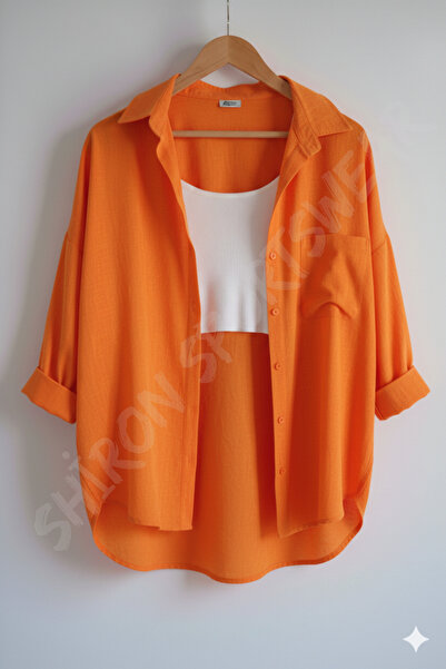 Shiron Sportswear&Company Lüx Kalite Turuncu Kadın Düşük Omuz Oversize Keten ...