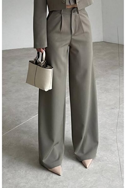 hillone Women's Relaxed Fit Pocketed Atlas Fabric Trousers Khaki