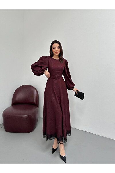 Lady Pixie Self-Patterned Belted Dress with Lace Detail at the Hem