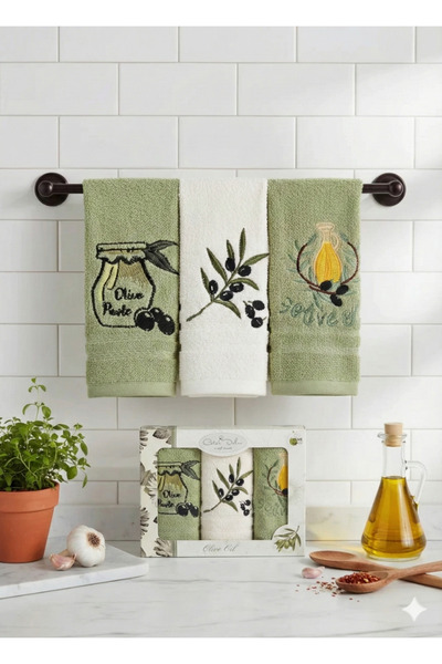 Coton Delux مناشف مطبخ مطرزة من 3 قطع – 100% قطن – معبأة في علبة - 30×50