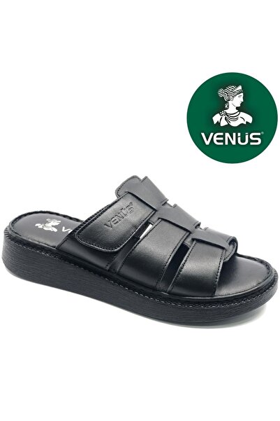 Venüs Ongle Genuine Leather Women's Slippers Black