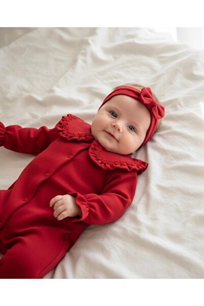 O Baby Kız Bebek Tulum & Fiyonklu Bandana Çiçek İşlemeli Bebe Yakalı - Kırmız...