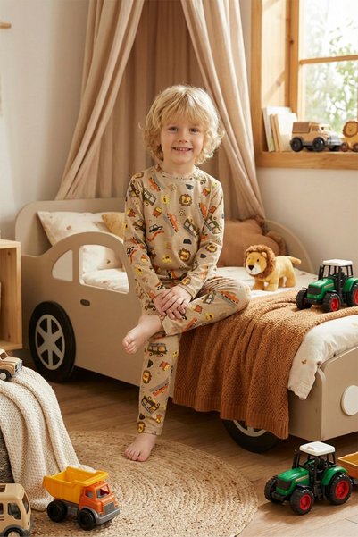 DAPSEE Children's Pajama Set Beige – Cotton, Long Sleeve Bus Patterned Top and Bottom Set