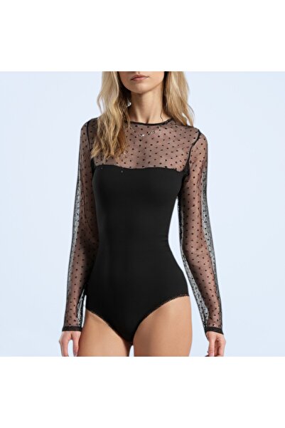 LUAN Long sleeve bodysuit, Cotton and tulle, Classic panty, Black