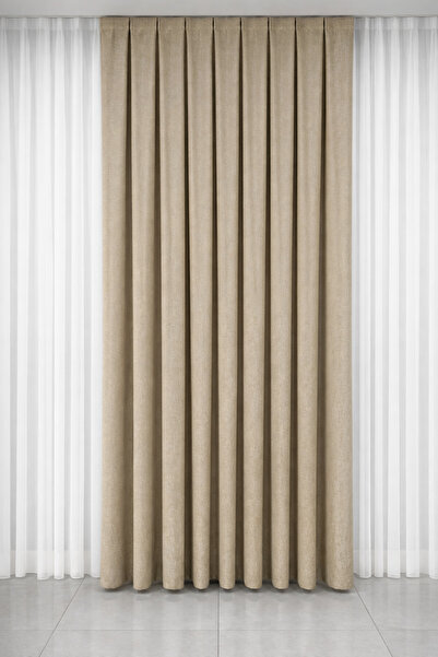 cemrela desing Velvet Textured Luxury Background Curtain Beige Tight Pleat (S...