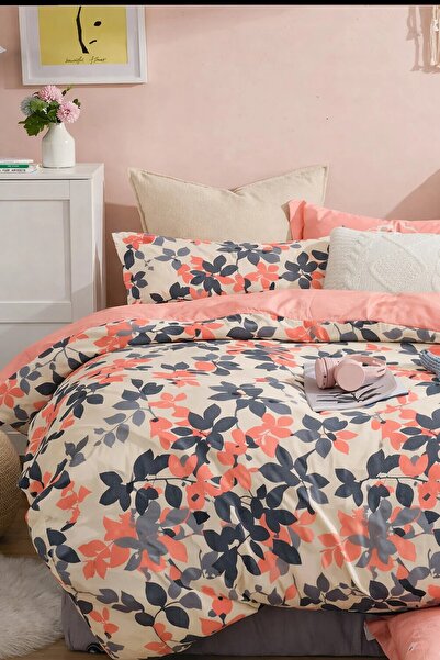 İQON طقم غطاء لحاف مع ملاءة مطاطية لسرير فردي، لون السلمون الخريفي