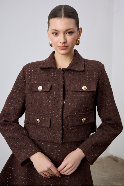 laulei Tweed Jacket with Flap Collar Brown