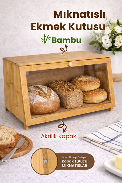 naturelove Mıknatıs Kapaklı Bambu Ekmek Kutusu - Mutfak Düzenleyici Ekmek Sak...