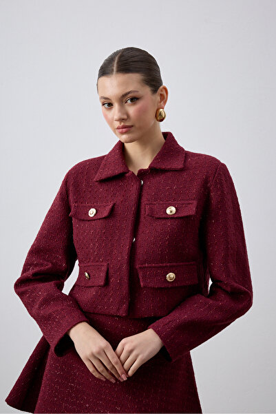 laulei Tweed Jacket with Flap Collar Burgundy